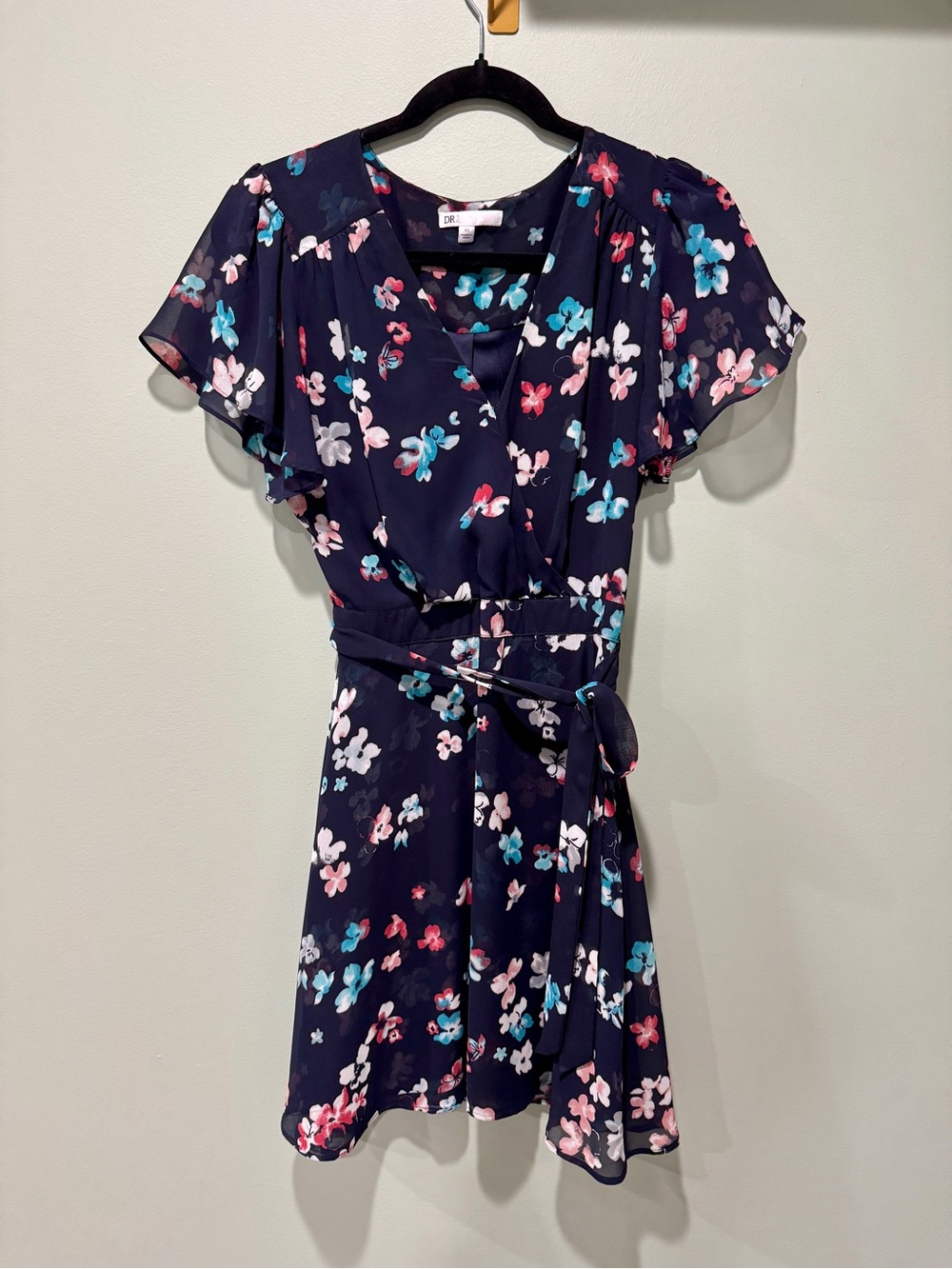 DR2 Navy Floral Wrap-Style Mini Dress with Belt